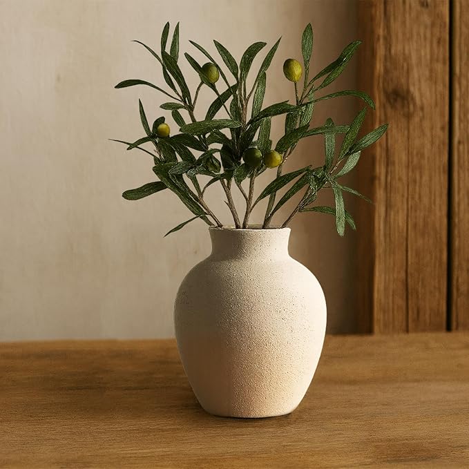 Boho Farmhouse Terracotta Vase Handcrafted Ceramic Sand White Rustic Flower Vase Vintage Pot for Home and Hotel Decor, Table, Living Room, Bathroom, Shelf, Mantel Decoration, Wedding