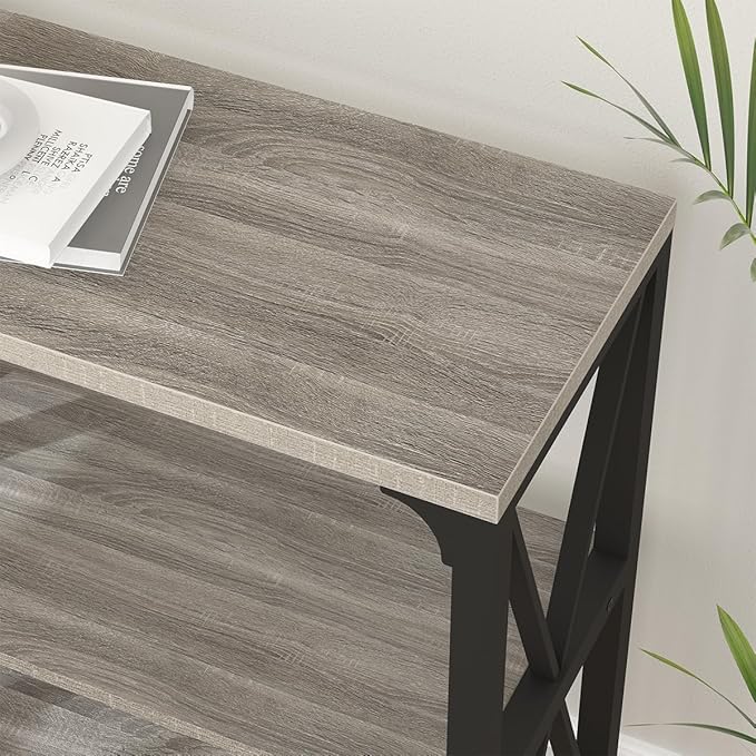 IBF Sofa Table, Modern Metal Wood 3 Tier Entryway Table, Industrial Console Table with Storage Shelves, Foyer Hallway Couch Table Behind Sofa for Living Room, Long Horizontal Bookshelf, Grey Oak, 55in