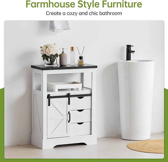 Real Relax Bathroom Floor Cabinet, Rustic Storage Cabinet with Sliding Barn Door & Convenient Storage Drawers, Ideal Solid Cabinet for Bathroom, Kitchen, Living Room, Bedroom