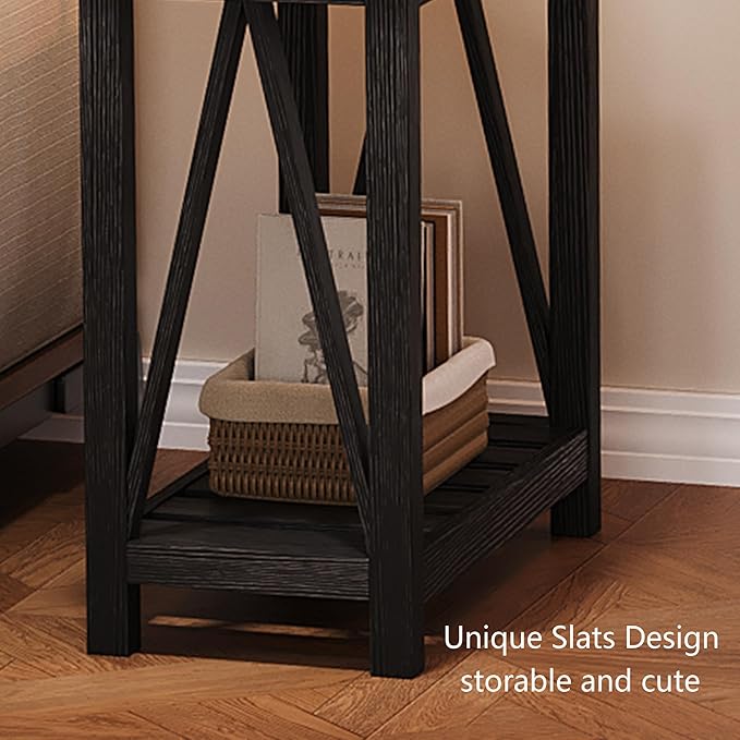 ChooChoo Farmhouse End Table Set of 2, Rustic Vintage Narrow End Side Table with Storage Shelf for Small Spaces, Nightstand Sofa Table for Living Room, Bedroom Black