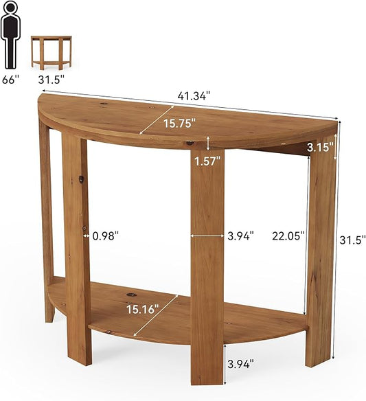 Solid Wood Half-Moon Console Table for Entryway, 41.3" Farmhouse Small Hallway Entry Accent Table with 2-Tier Storage for Living Room, Foyer, Entrance, Easy Assembly