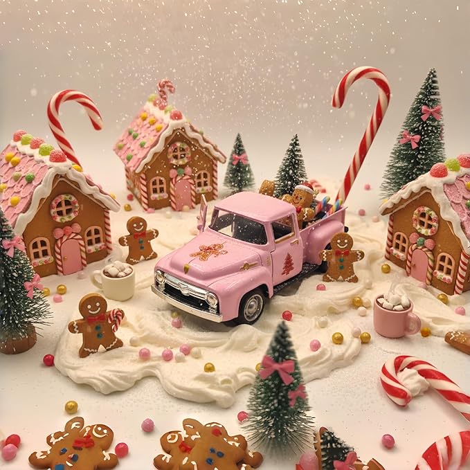 Pink Gingerbread Christmas Decor Vintage Farmhouse Metal Truck with Mini Xmas Tree Gingerbread Man Hot Cocoa Candy Canes Pastel Ginger Bread Christmas Table Decorations for Holiday Mantel Home Kitchen