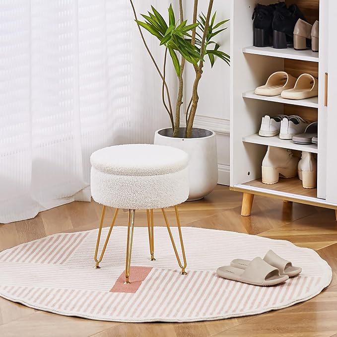 Wimarsbon Storage Ottoman,Teddy Velvet Vanity Stool,Soft Padded Seat,Round Footrest with Removable Cover and Adjustable Legs,Modern Decorative Accent Footstool or End Table for Hallway (White)