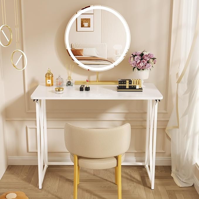 Foldable Desk, 31.5" Small Desk for Bedroom, Space Saving Folding Computer Desk for Home Office, Easy Assembly, White