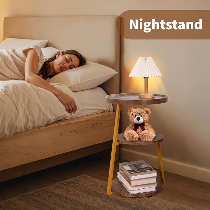 Small Round Side Table, 3-Tier End Table for Living Room, Wooden Nightstand Bedside Tables with Storage Shelf, Circle Accent Table for Bedroom, Office, Apartment (Walnut, Golden Frame)