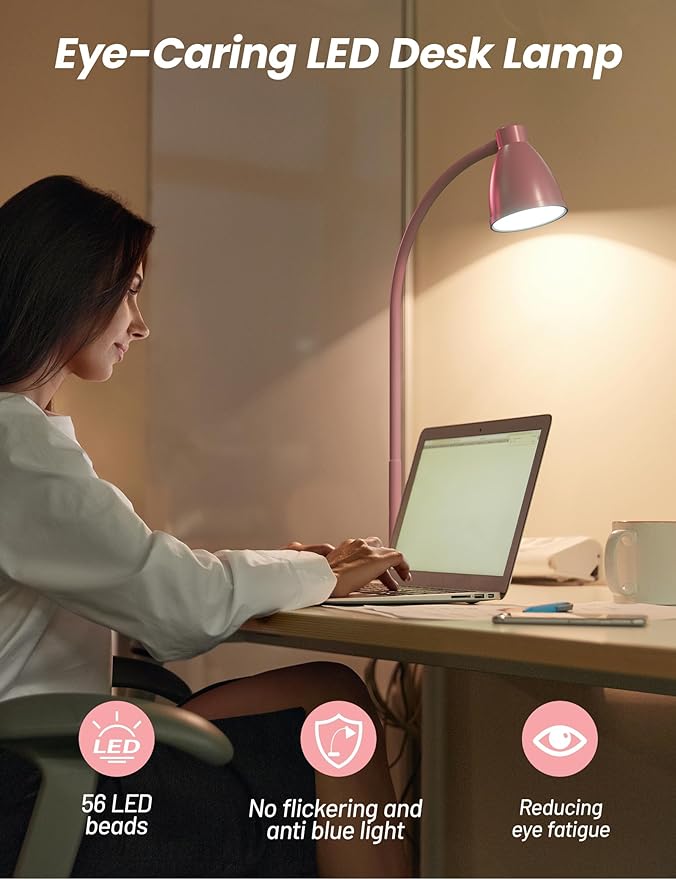 BOHON Cute Desk Lamp with USB Charging Port, Pink Lamp 3 Color Modes Dimmable LED Reading Lamp, Flexible Gooseneck Auto Dimming Table Task Light for Home Office Dorm Bedside, Pink