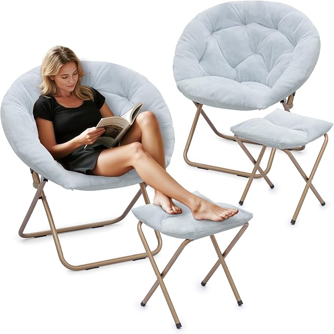 Athena Collection Saucer Chair with Ottoman Comfy Chair for Bed Room Living Room Folding Round Cozy Chair Faux Fur Metal Frame Foldable Lazy Chair Accent Chair Reading Chair Set of 2, Blue