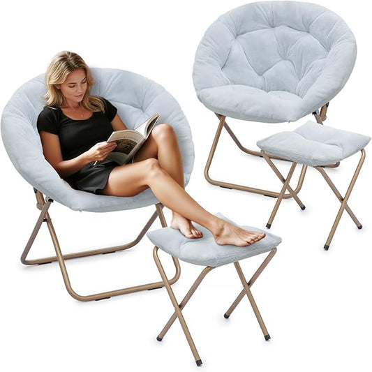 Athena Collection Saucer Chair with Ottoman Comfy Chair for Bed Room Living Room Folding Round Cozy Chair Faux Fur Metal Frame Foldable Lazy Chair Accent Chair Reading Chair Set of 2, Blue