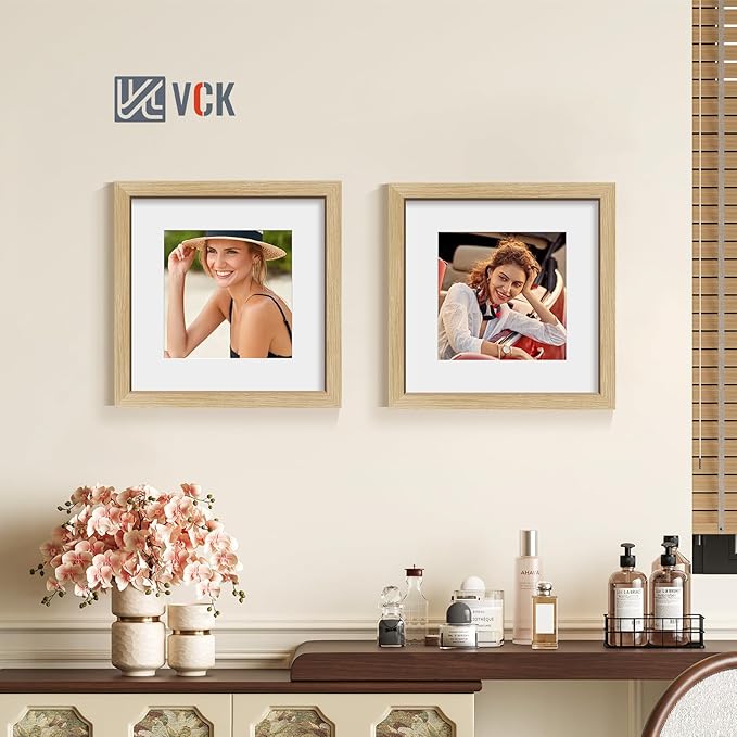 VCK 12x12 Picture Frame 2 Pack - Natural Oak, High-End Wood Poster Frames with Tempered Glass, Display 8x8 Photo with Mat or 12x12 without Mat, Art Gallery-Quality, Wall Hanging, Natural Oak