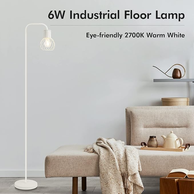 Industrial Floor Lamp, White Standing Lamp Modern with 6W LED Bulb, Foot Switch, Metal Tall Floor Lamps for Living Room, Bedroom, Office, Den, Vintage Stand Up Light, Minimalist Mid Century Pole Lamp