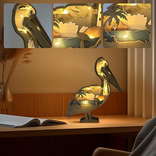 3D Wooden Carving Animals Lamp - Creative Fox Squirrel Wood Carved LED Night Light Garden Yard Wooden Animals Sculpture Ornaments Desktop Home Decor Birthday Gifts for Family Friend (Pelicans)