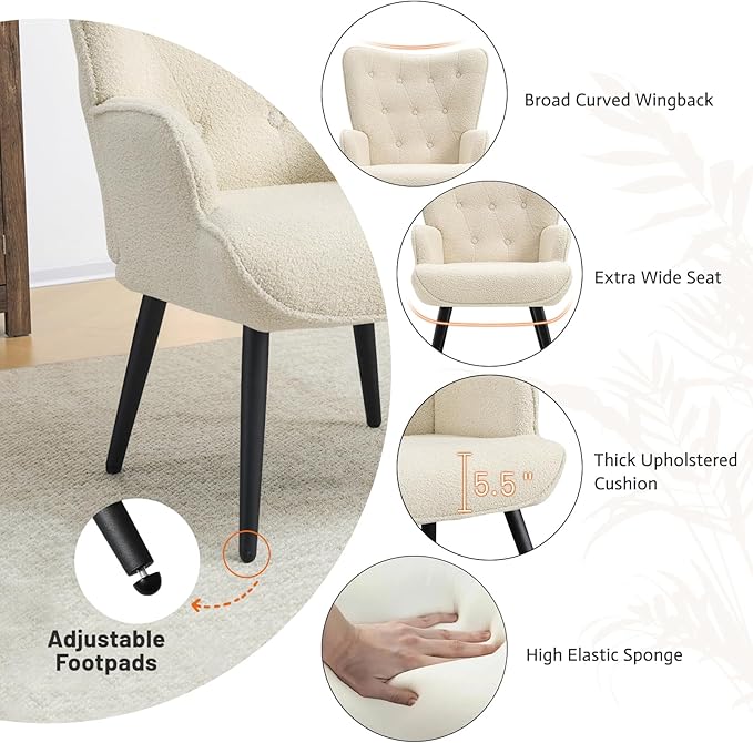 Furniliving Boucle Accent Chair for Living Room, Upholstered Reading Chair with High Backrest, Tufted-Button Wingback Armchair for Bedroom, Dressing Room, Home Office, Ivory White, Set of 2