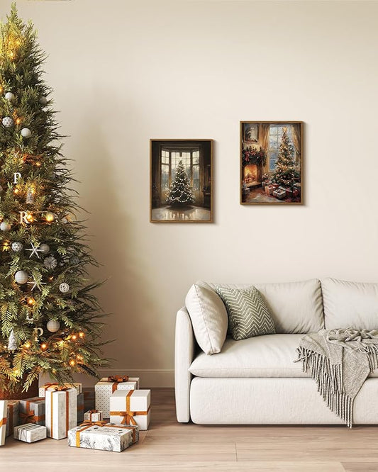 InSimSea Framed Canvas Wall Art, Vintage Christmas Tree Decor, Living Room Pine Decorations, Winter Cottagecore Paintings for Bedroom Bathroom, Xmas Holiday Decorations Gifts, 12x16 Inch