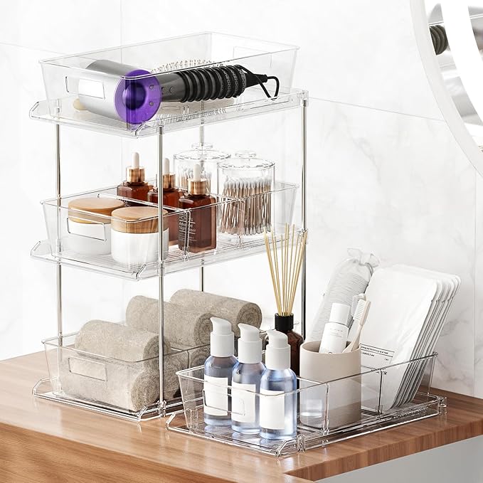 Pull-Out Home Organizers, 2 Tier Clear Bathroom Organizer with Dividers, Multipurpose Vanity Counter Tray, Kitchen, Closet Organizers and Storage Container Bins for Cabinet, Pantry