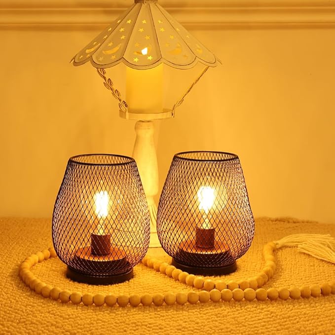 DECORKEY Set of 2 Rechargeable Lamp LED Table Lantern, Brown Metal Cage Cordless Lamps with LED Bulb，Vintage Decorative Outdoor Lantern for Weddings, Parties, Patio, Events for Indoors Shelf Decor