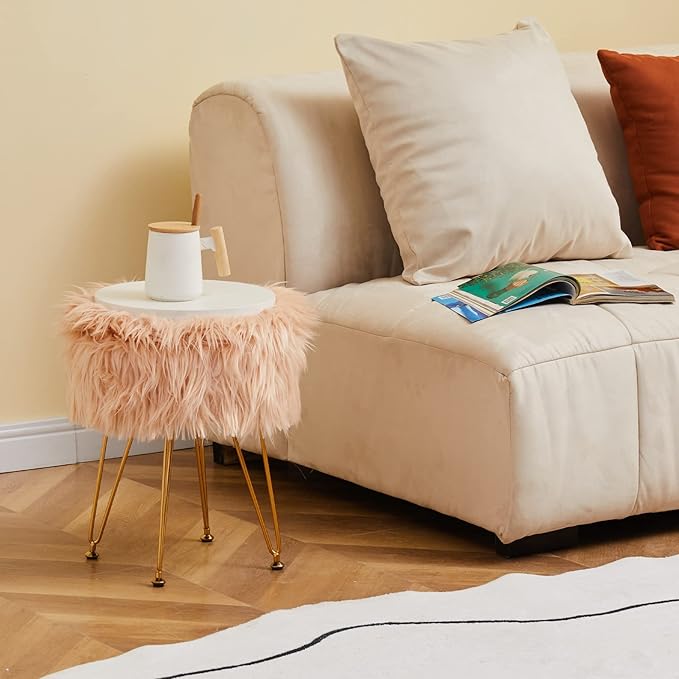 Mxfurhawa Faux Fur Storage Ottoman Round Furry Vanity Stool Marble Grain Tray Coffee Table Compact Footrest Stool with 4 Metal Legs Soft Makeup Seat Foot Stools Living Room Bedroom Entryway Champagne