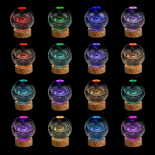 3D Solar System Crystal Ball Lamp with 16 Colors LED Wooden Base, Upgraded 3.15 Inch Solar Night Light with Remote Control, Home Decor Living Room Office Bedroom Lamp