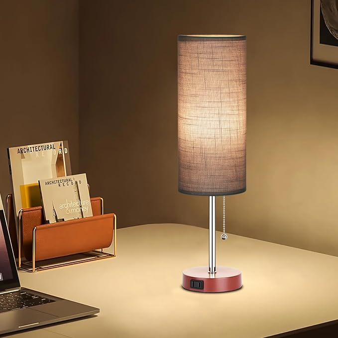 Dott Arts 18" Table Lamp for Bedroom, 3-Color Bedside Lamps with Pull Chain, Bedroom Table Lamps for Nightstand,AC Outlet Small Lamp for Living Room, Bulb Included Grey