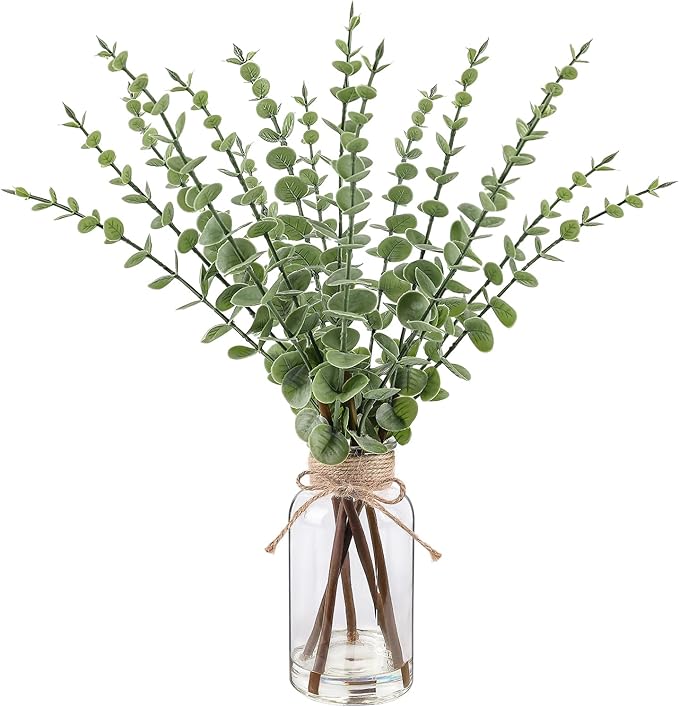 Artificial Eucalyptus Stems in Glass Vase with Faux Water，16.54" Fake Plants for Home Decor, Coffee Table Centerpieces, Office, Bathroom & Farmhouse Weddings - Faux Greenery Plants Decorations