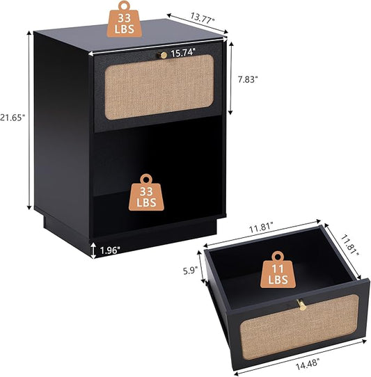 16" Nightstands Set of 2, Modern Retro Wooden Night Stands, Bed Side Table with Drawer and Open Shelf, End Table for Small Space, Linen Decor Boho Side Table for Bedroom,Dorm, Living Room (Black)