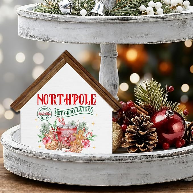 Christmas Hot Cocoa Bar Decor, North Pole Hot Chocolate Co House Shaped Wood Block Sign Xmas Holiday Decorations for Home Kitchen