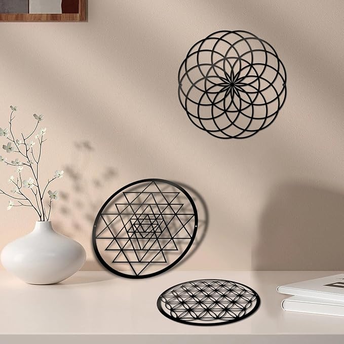 3 Pcs Metal Abstract Wall Decor, Minimalist Lines Wall Hanging Art Painting, Modern Geometric Black Wall Sculpture Suitable for Home Office, Hotel Living Room, Bedroom and other Home Decoration（Circle）