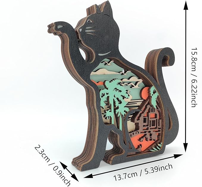 Drawelry 3D Wooden Carving Animals Lamp - Creative Fox Squirrel Wood Carved LED Night Light Garden Yard Wooden Animals Sculpture Ornaments Desktop Home Decor Birthday Gifts for Family Friend (Cat)