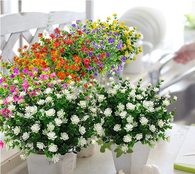 10 Bundles Artificial Fake Flowers, Faux Outdoor Plastic Plants UV Resistant Shrubs Outside Indoor Decorations (White-Eucalyptus)