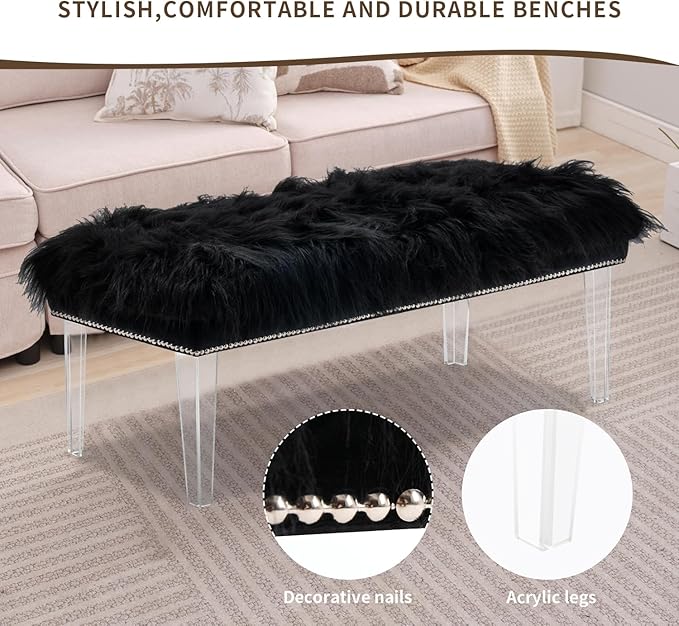 Modern Black Faux Fur Ottoman Bench - Upholstered Furry Bench with Acrylic Legs for Bedroom, Living Room, Entryway, Vanity or Bed End