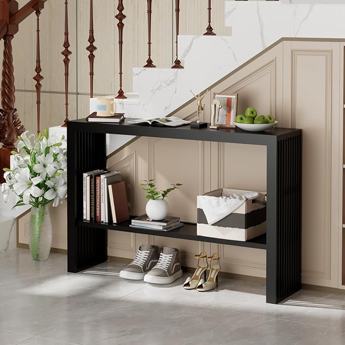 Bamboo 47.2" Narrow Console Table, 2-Tier Farmhouse Side Table, Rectangular Entryway Table, Modern Sofa Table Behind Couch with Storage Shelves for Entrance, Living Room, Hallway, Foyer (Black)