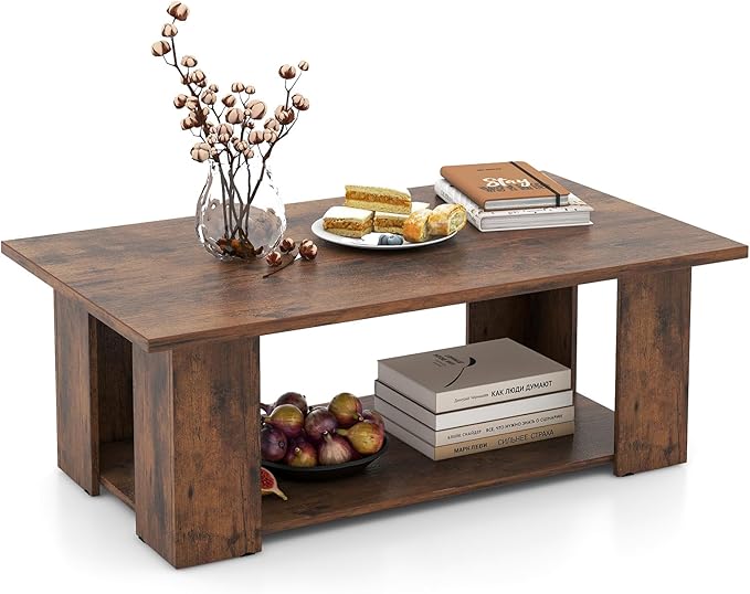 Giantex Rectangle Wood Center Table, 41" L 2-Tier Large Modern Tea Table w/Open Compartment, Easy Assembly, Accent Coffee Table for Living Room, Reception Room, Rustic Brown
