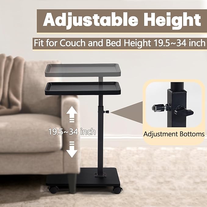 Aoligrace C Shaped End Table Adjustable Height, 360° Swivel Side Table with Wheels, Small TV Tray C Table for Living Room Bedroom, Couch Tables That Slide Under for Sofa Bed Chair