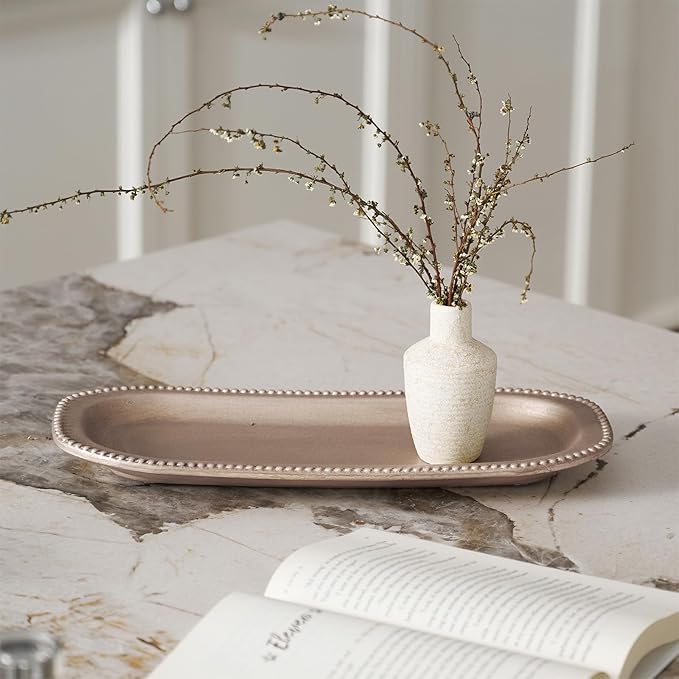 Wooden Decorative Tray, 13.9×5.9" Oval Distressed Boho Coffee Table Tray Decor, Kitchen Dining Table Trays Farmhouse Home Decor, Wood Beaded Rustic Trays for Living Room, Bathroom (Golden Brown)