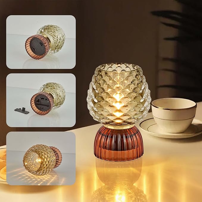Battery Operated Lamp with Timer, Cute Small Cordless Glass Table Lamp for Home Decor, Kitchen, Bathroom, Birthday Gift for Women, Pinecone, Grey
