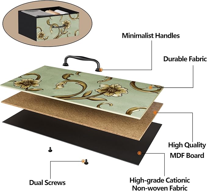 Furnulem 4 Drawer Dresser, Vertical Nightstand for Kids, Adult, Fabric Chest of Drawers for Bedroom, Living Room, Closet, Nusery, Storage Tower Unit Retro Style Furniture, Wood Desk Top
