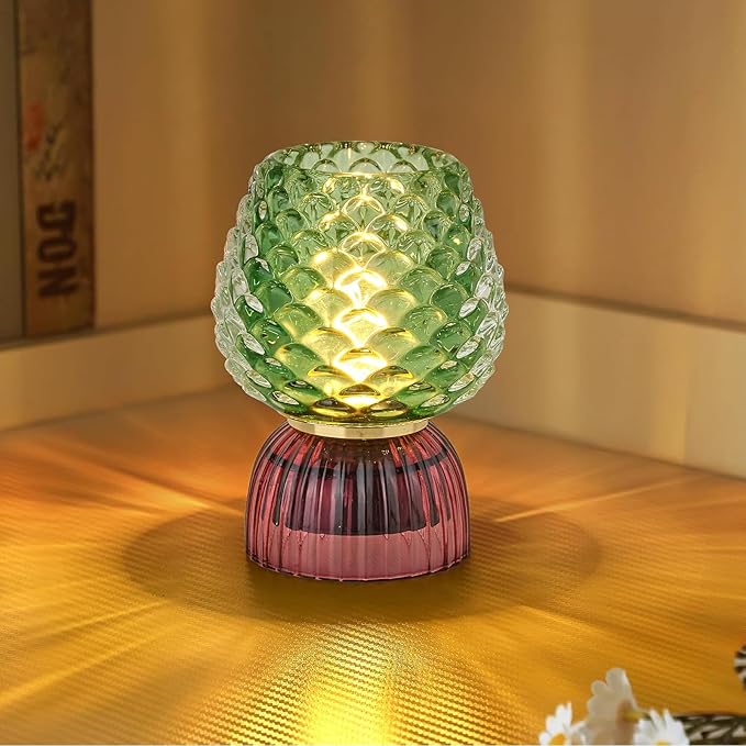 Battery Operated Lamp with Timer, Cute Small Cordless Glass Table Lamp for Home Decor, Kitchen, Bathroom, Birthday Gift for Women, Pinecone, Green