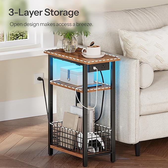 HOOBRO Narrow Side Table with Charging Station and LED Light, Small End Table with Storage, Skinny Nightstand with USB Port, Slim Bedside Table for Small Spaces, Living Room, Rustic Brown BF242UDBZ01