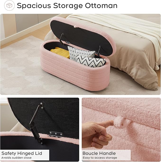 Storage Ottoman Bench End of Bed for Bedroom,45 inch Boucle Upholstered Entryway Shoe Seat Bench w/ Storage,Sherpa Modern Cute Padded Blanket Chest Stool Foot Rest for Living Room,Window Seating, Pink