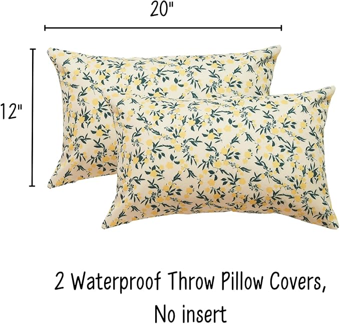 Mantle & Mason Floral Outdoor Lumbar Pillows Waterproof 12x20 for Patio Furniture Set of 2 Yellow Decorative Pillow Covers for Couch Porch Chair Bench Reversable Cottage Farmhouse Pillow Cases