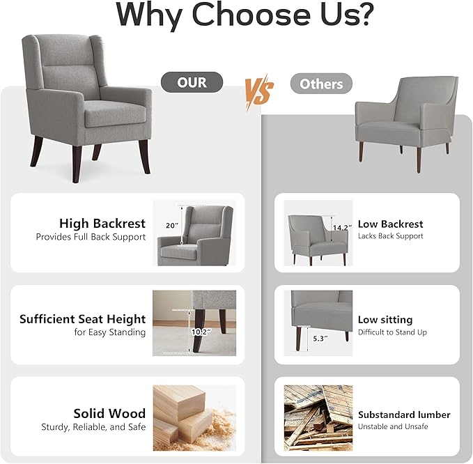High Back Living Room Chairs, Fabric Accent Chair, Comfy Upholstered Armchair with Wooden Legs for Living Room, Bedroom, Apartment (1, Grey)