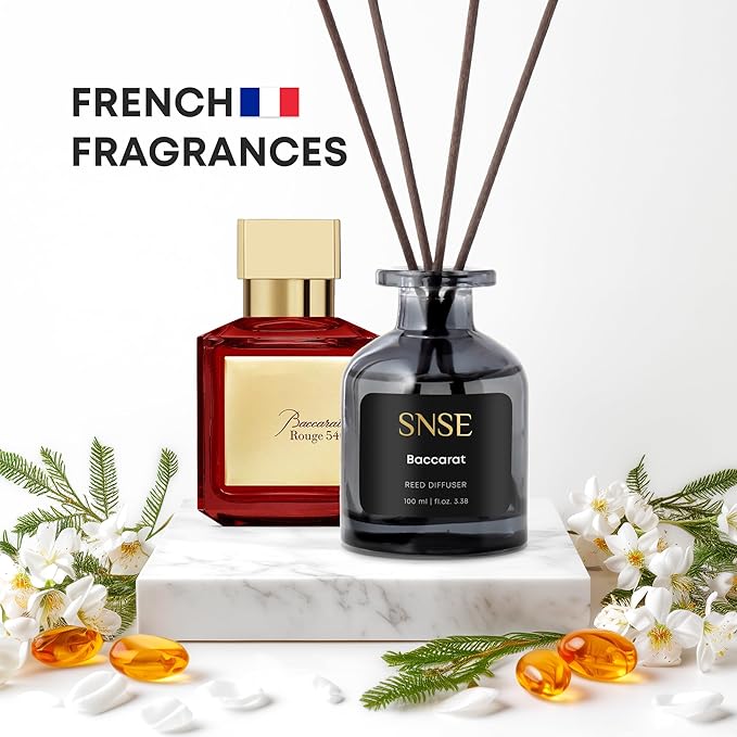 SNSE Baccarat Rouge Inspired Reed Diffuser – Luxury Home Fragrance Set, Long-Lasting Perfume Aroma, Elegant Gift, Relaxing & Sophisticated Scent