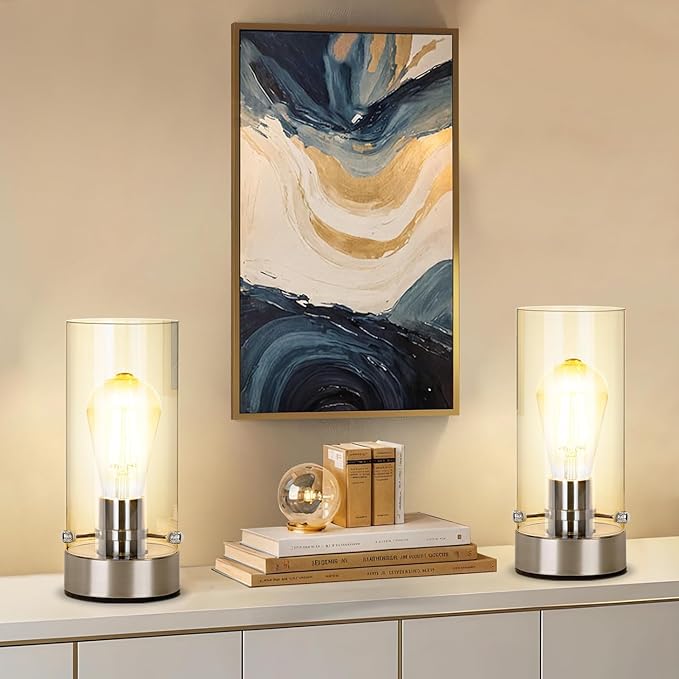 Table Lamp for Bedroom, Bedside Modern Nightstand Lamp with Glass Lamp Shape, 2700K 6W Glass Bulb Included(Chrome).