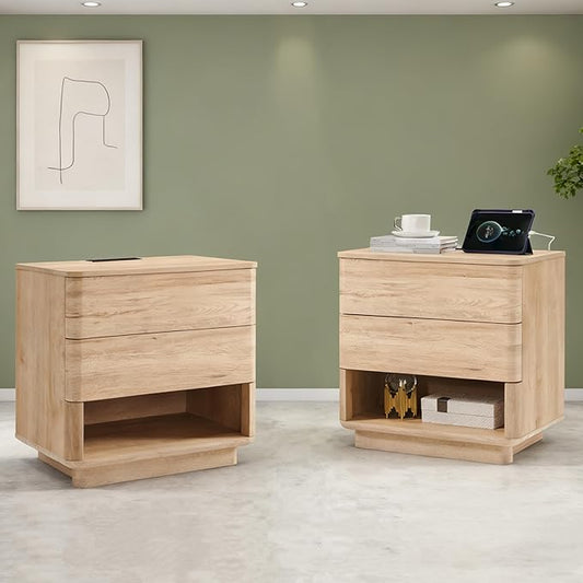 ACCOHOHO Nightstand Set of 2 with Charging Station, 22" Large Modern Bedside Table with 2 Drawers Storage,Push-to-Open End Table for Bedroom,Living Room,Natural Oak