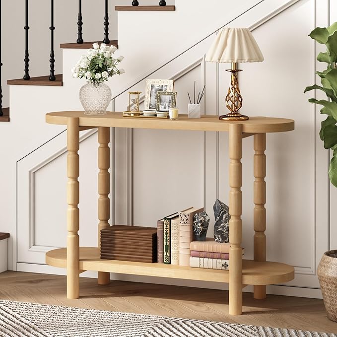 Farmhouse Entryway Table with Storage-43.4" Narrow Console Table with Solid Wood Legs, 2 Tiers Rounded Corners Sofa Tables for Living Room，Hallway, Entrance, Foyer, Natural
