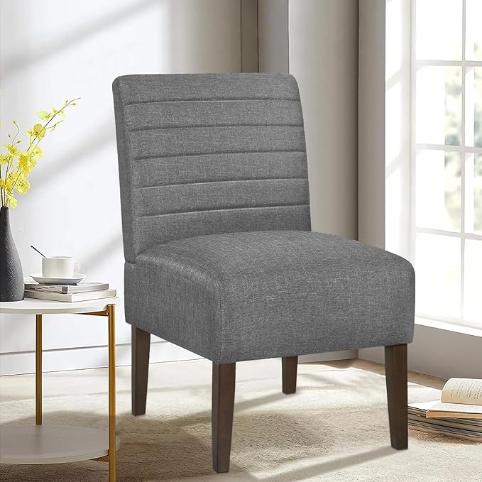 Slipper Accent Chair Modern Armless Lounge Chair with Wood Legs Upholstered Makeup Vanity Tufted Side Chair Fabric Comfy with Decor Back for Living Room Bedroom Patio (Horizontal Back, Grey)