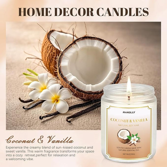 Coconut Vanilla Candle, 9 oz Scented Candles for Home Soy Candle Wax, Long Lasting Aromatherapy Candle Gift for Women Men, Birthday Christmas Gifts, Perfect for Creating a Warm Ambiance
