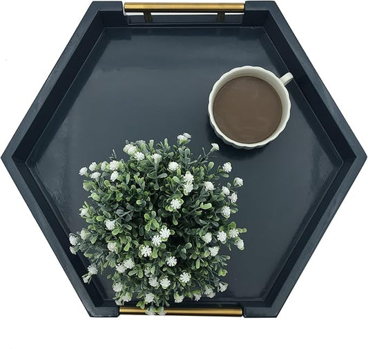 Serving Tray with Polished Metal Handles, Hexagon Coffee Table Tray, Modern Rectangle Decorative Tray, Large Ottoman Tray, Perfect for Storage and Display (Blue Hexagon)