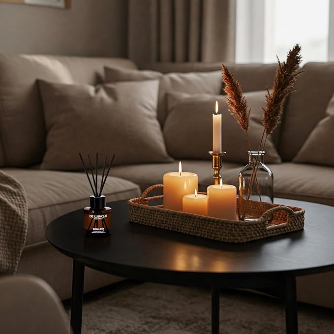 Golden Oud Reed Diffuser – Room Scent Diffuser with Essential Oils – Home Fragrance Diffuser – Long-Lasting Aroma with Oud, Vanilla & Damask Rose Oil Diffuser – 50ml
