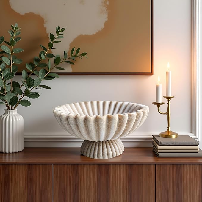10" Large Decorative Bowl decor, Scalloped Bowls for Modern Home Decor,Ruffle Decor,Stylish Key Bowl for Entry Table,Decorative Fruit Bowl for Kitchen Counter,With base,Artificial Stone Beige