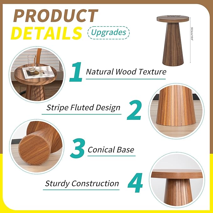 Small Round Pedestal Side Table, Wooden End Table for Living Room, Fluted Drink Table for Small Space, Modern Plant Stand Accent Table for Sofa Couch, 13.6 inch (Walnut)